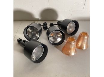 4 Track Lights With Pair Of Vintage Glass Shades