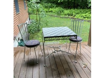 Wrought Iron Tile Top Patio Table And Pair Of Chairs