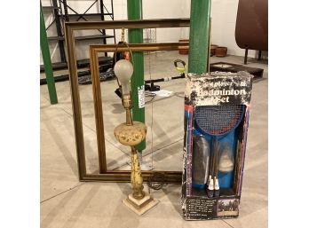 Miscellaneous Lot: Pair Of Frames, Lamp, Badminton Set