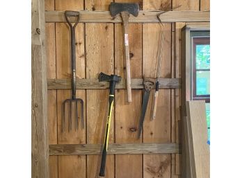 Wall Of Tools: Pitchfork, Maul, Doubleheaded Axe, Saw, Weed Whip