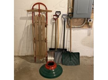 Winter Lot - Christmas Tree Stand, Sled, Shovels