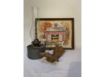 Needlepoint, Cast Iron Tub Leg And Old Tin Oil Lamp