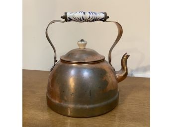 Vintage Copper Kettle With Painted Blue Flower Handles