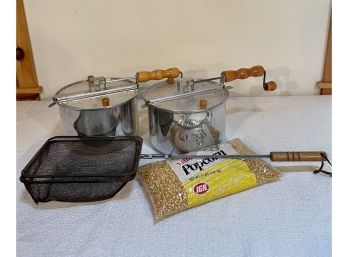 Vintage Popcorn Poppers And A Bag Of Corn