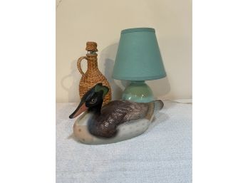 Turquoise Lamp, Duck Figure, Wicker Wrapped Bottle