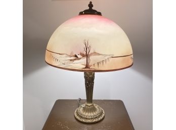 Antique Lamp With Hand Painted Glass Shade Tiffany Style