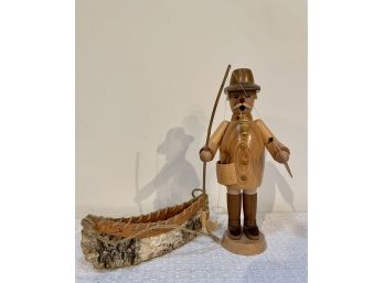 German Wooden Fisherman And Little Birchbark Canoe