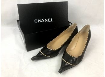 Chanel Black Leather Heels, Size 40 With Box