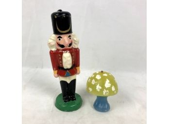 Vintage Figural Solid Wax Candles, Nut Cracker And Mushroom - 2 Pieces