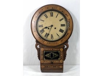 Antique Superior 8 Day Wall Clock With Decorative Inlaid Wood Circa Late 1800s