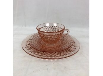 Vintage Pink Glass Hobnail Luncheon Set - 3 Pieces