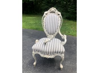 Vintage Ornate Wood High Backed Chair With Custom Upholstery