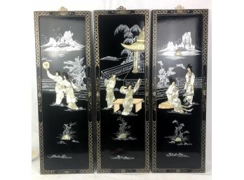 Vintage Chinoiserie Triptych Mother Of Pearl Inlay Relief Sculpture - 3 Pieces