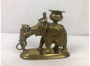 Vintage Brass Candlestick Featuring Elephant And Tiger