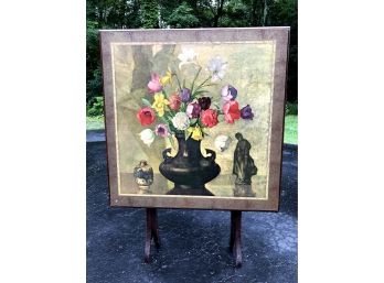 Antique Decoupage Wood Folding Card Table With Floral Motif