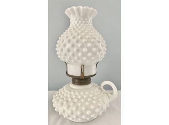 1 Of 2 Very Nice Fenton Hobnail Art Milk Glass Oil Lamp With Ruffled Edge