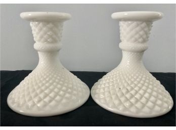 Vintage Match Pair Of Fenton Hobnail Candle Stick Holders