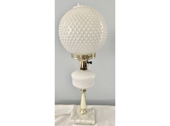 Vintage Fenton Hobnail Electric Lamp With Marble Base And Brass Colored Accents