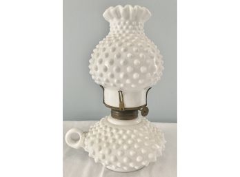 2 Of 2  Very Nice Fenton Hobnail Art Milk Glass Oil Lamp With Ruffled Edge