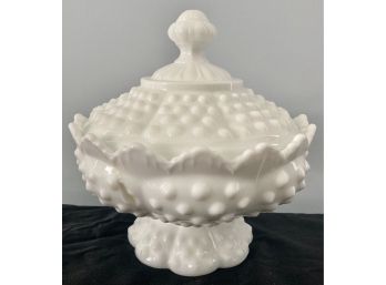 Vintage Fenton White Milk Glass Hobnail Compote Candy Dish & Lid With Crack