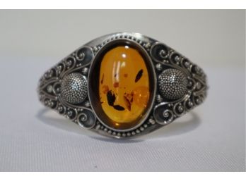 925 Sterling Indonesia Signed BA Amber Cuff Bracelet