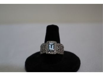 14K White Gold Light Blue Stone With Diamonds Ring Size 8