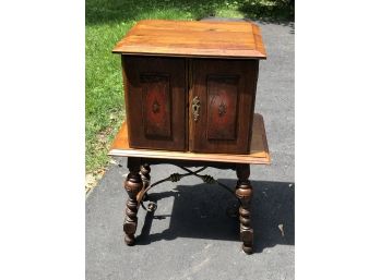 Great Vintage Smoking Stand With Scrolled Iron Base - Hand Painted Door Panels - Great Piece - Hard To Find