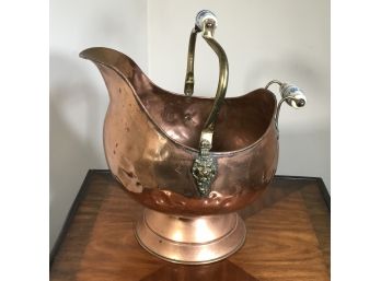 Large Antique Copper Coal / Kindling Bucket - Brass Lions Heads & Porcelain Handles - Lovely Antique Piece