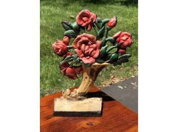 Fabulous Antique Cast Iron Flower Basket Doorstop - GREAT Original Worn Paint GREAT Vintage Piece !