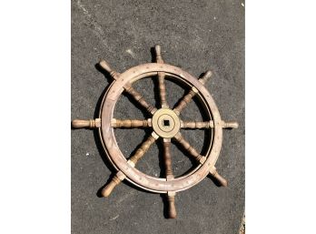 Very Cool Vintage Solid Teak & Brass Ships Wheel - Classic Form And Detail - GREAT PIECE !