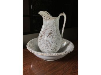 Wonderful Antique Victorian Iron Stone Pitcher & Bowl - Very Pretty Decoration - Maker Is WMC