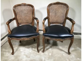 Beautiful Louis XV Style Armchairs By CHATEAUX D'AX - Made In Italy - Black Upholstery With Caned Back