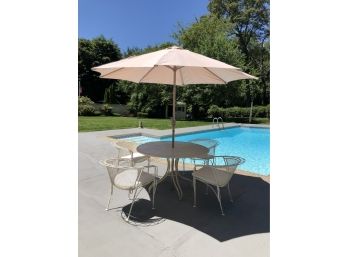 Incredible WOODARD MCM / Midcentury Wrought Iron Table & Four Chairs With An Umbrella - GREAT MOERN LINES