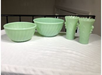 Four Piece Vintage Green JADITE / Fire King Lot - Two Swirl Bowls & Two Art Deco Vases / Utensil Holders