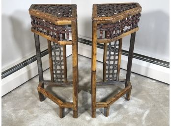 Very Nice Pair Vintage Bamboo Corner Tables / Stands - Very Well Made Vintage Pieces - Two For One Bid