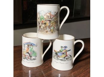 Three Vintage SADLER Ceramic Tankards - Made In England - Two Have Antique Cars The Other Horses / People