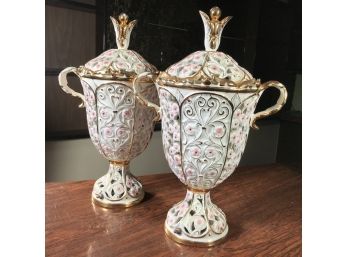 Two Very Large Italian Porcelain Reticulated Lamps - Marked CHELSEA - ITALY - All Hand Painted - Both Work