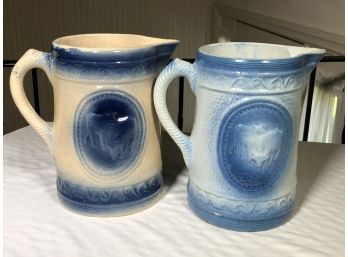 Two Fabulous Antique Blue & White Stoneware Pitchers - Both With Cows - Both Nice Condition - Hard To Find !