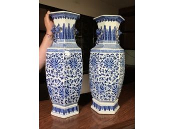 HUGE Pair Vintage Asian Vases - Blue & White Porcelain - NO DAMAGE Over Two Feet Tall - JUST SPECTACULAR !