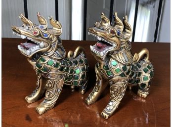 Two Interesting Vintage & Very Ornate Carved Wood Foo Dogs / Dragons - Very Intriguing Pieces - Very Detailed