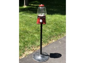 Beautiful Antique 5 Cent Red Gum Machine On Cast Iron Stand - Probably 1930s / 1940s Rarely Found With Stand