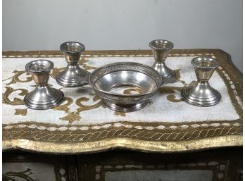 Five Pieces Sterling Silver - Four Weighted Candle Holders & Sterling Silver Bowl Holder