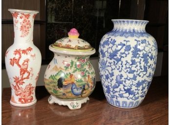 Three Piece Lot Of Asian Pottery / Porcelain - Decorative Piece - Not Vintage / Antique - Very Nice Overall