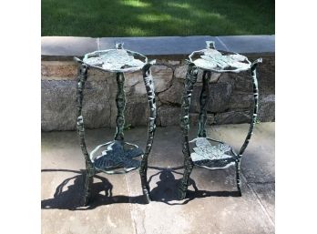 Fabulous Pair Vintage Cast Iron Plant Stands / Tables With Verdigris Finish - Very Heavy & High Quality