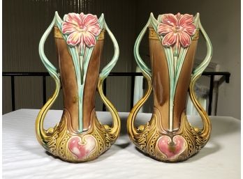 Stunning Pair Of Large Antique French Art Nouveau Majolica Vases By Frie Onnaing Vases - AMAZING Colors