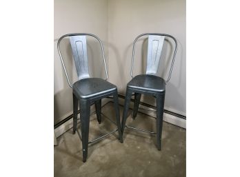 Fantastic Pair French Style Industrial Kitchen / Bar Stools - GREAT PAIR - Great Patina On Metal - NICE !