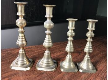 Set Of Four / Two Pairs Antique English Brass Beehive Pushup Candlesticks - Made In England - VERY NICE !