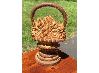 Antique Cast Iron Flower Basket Door Stop - GREAT Rusty & Crackled White Paint - NICE OLD DOOR STOP !