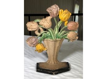 Fantastic Antique Painted Cast Iron Tulip Doorstop AMAZING ORIGINAL PAINT - Color And Patina Is AMAZING !