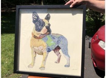 VERY COOL Framed Boxer Dog Artwork Made Of Colored & Shaded / Cut Map Fragments Signed VERY INTERESTING PIECE